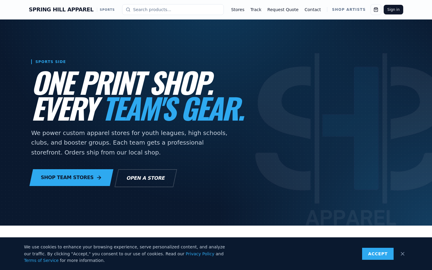 Spring Hill Sports Apparel website screenshot